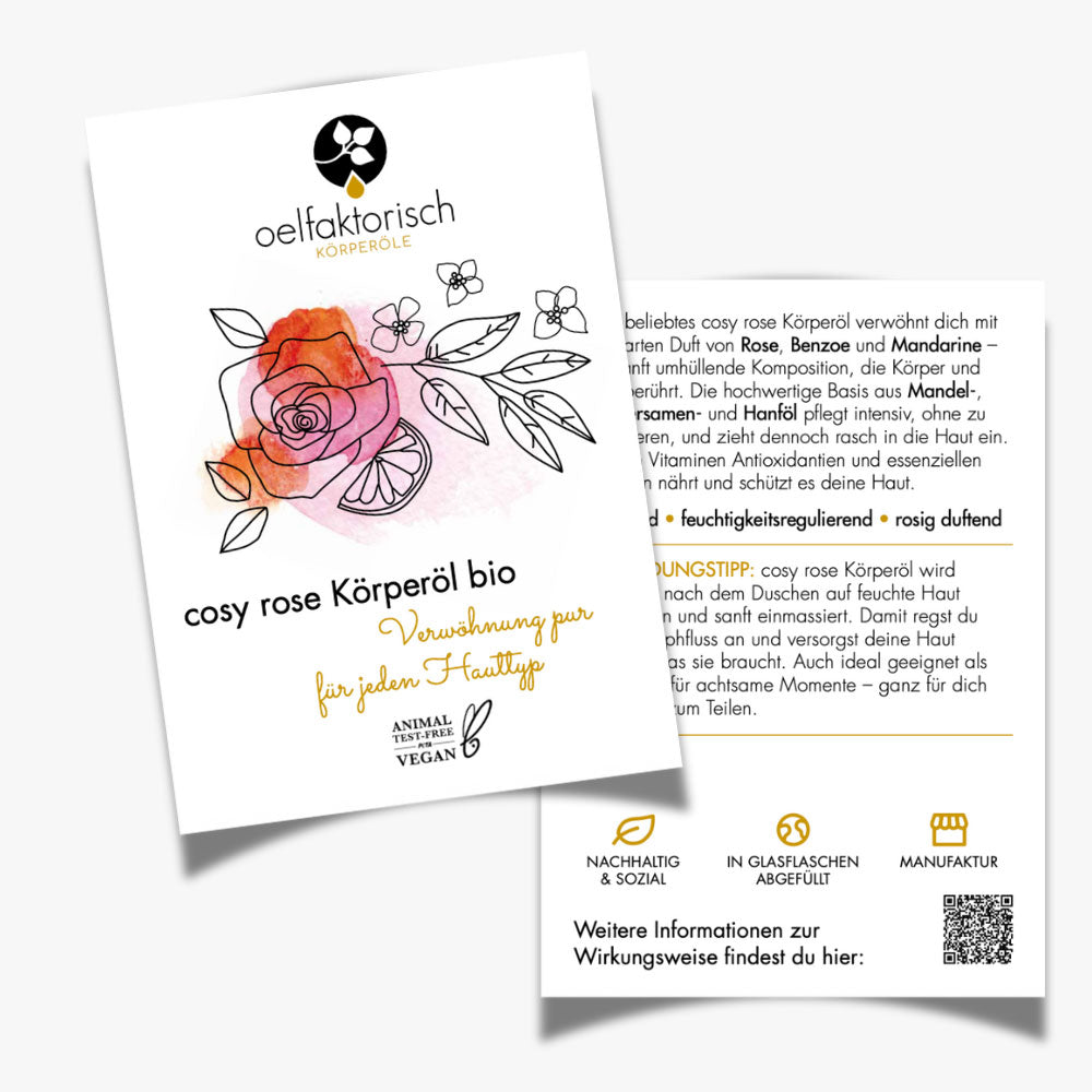 Postkarte Erklärung der Inhaltsstoffe und Anwendung des Körperöls cosy rose oelfaktorisch Körperöle