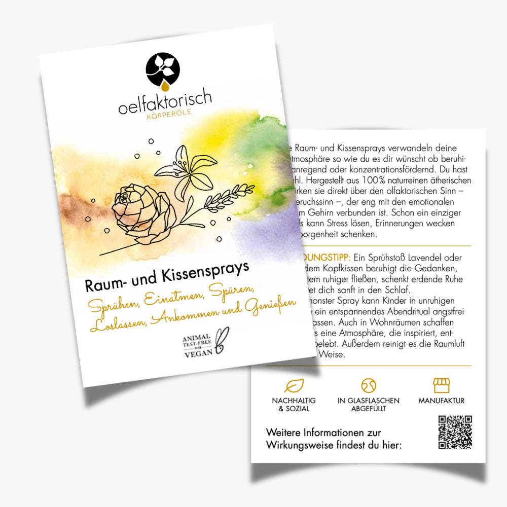 Blatt Postkarte Grafik Raum und Kissensprays Anwendung Inhaltsstoffe oelfaktorisch körperöle