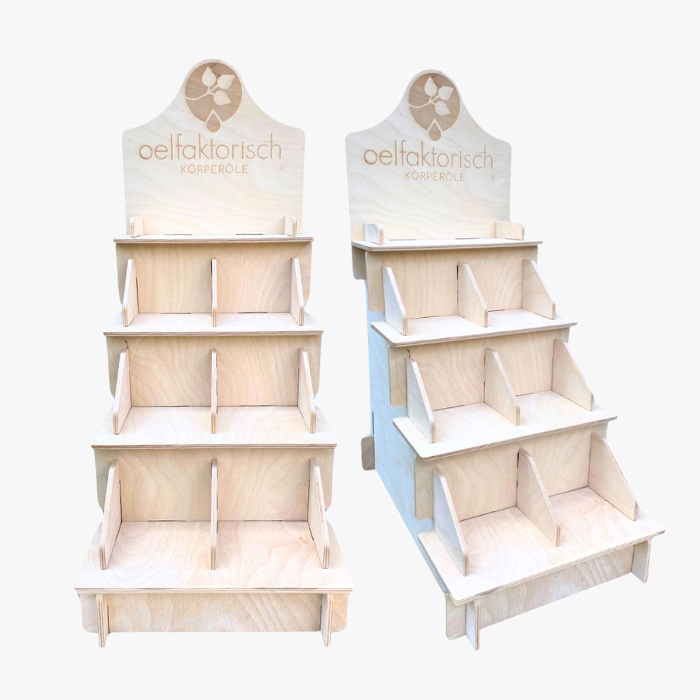 Aufsteller Display Holz Produktpräsentation Regal oelfaktorisch Körperöle