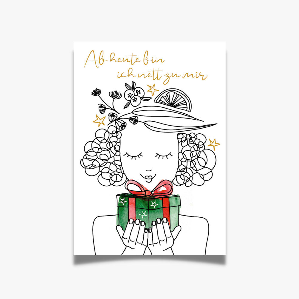 Postkarte Frau mit Geschenk in den Händen Ab heute bin ich nett zu mir oelfaktorisch Körperöle