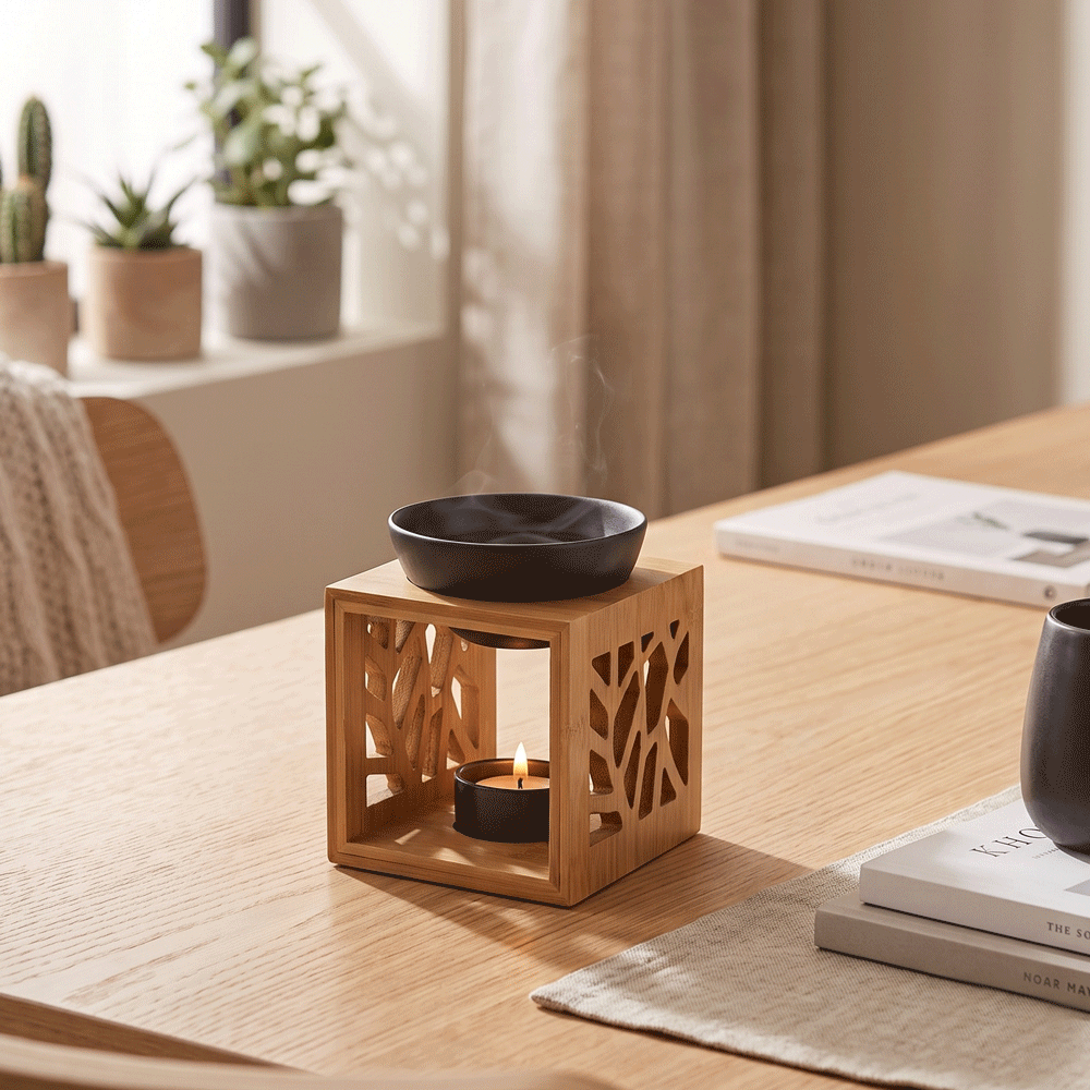 Holz Duftlampe mit schwarzer Keramikschale und Teelicht steht auf Tisch elegant skandinavische Deko oelfaktorisch körperöle