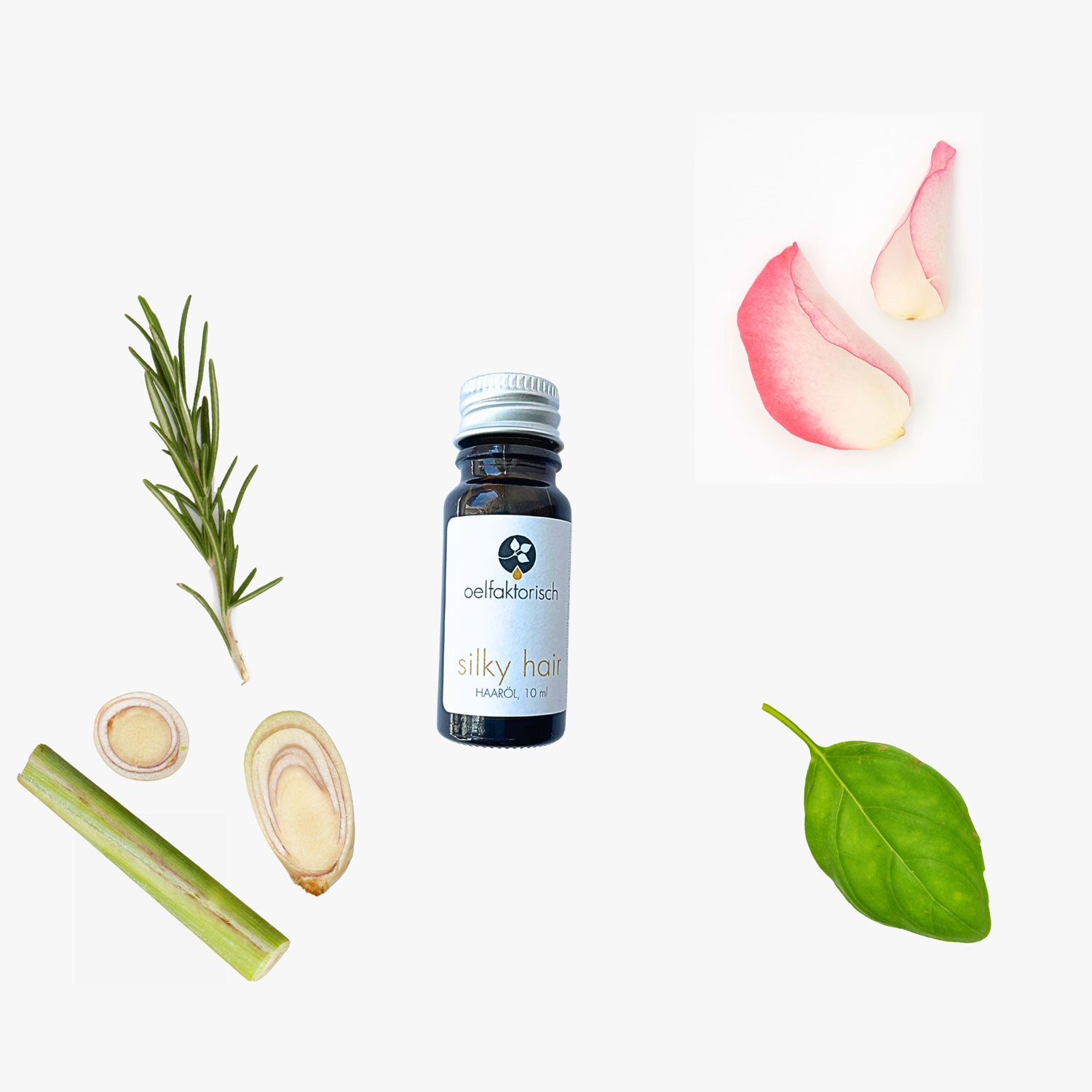 Haaröl mit Rosmarin 10 ml, Rosmarin, Basilikum, Lemongras, Rosenblätter