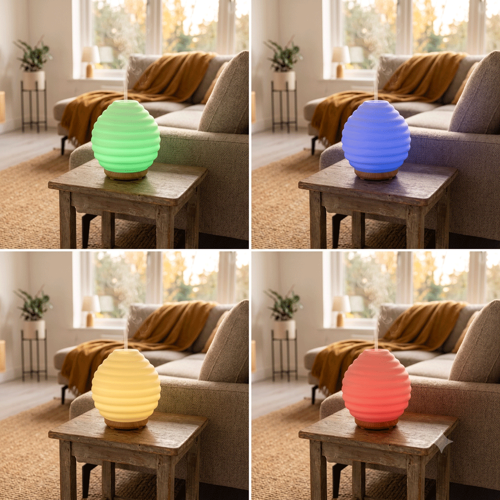 Diffuser Duftlampe Farbvarianten gelb rot blau grün Beispielfotos oelfaktorisch körperöle