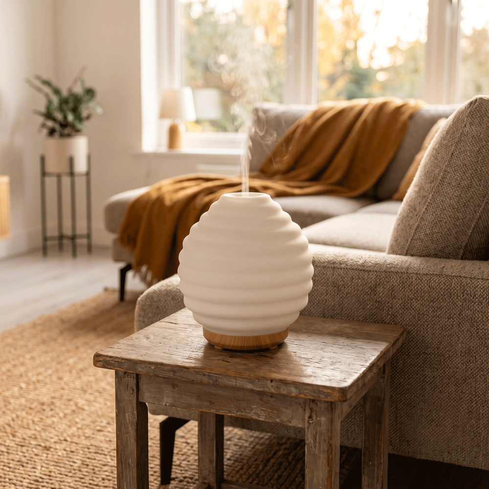 Weißer Diffuser Duftlampe Glas steht auf Beistelltisch neben Sofa elegant puristisch Raumbeduftung oelfaktorich körperöle