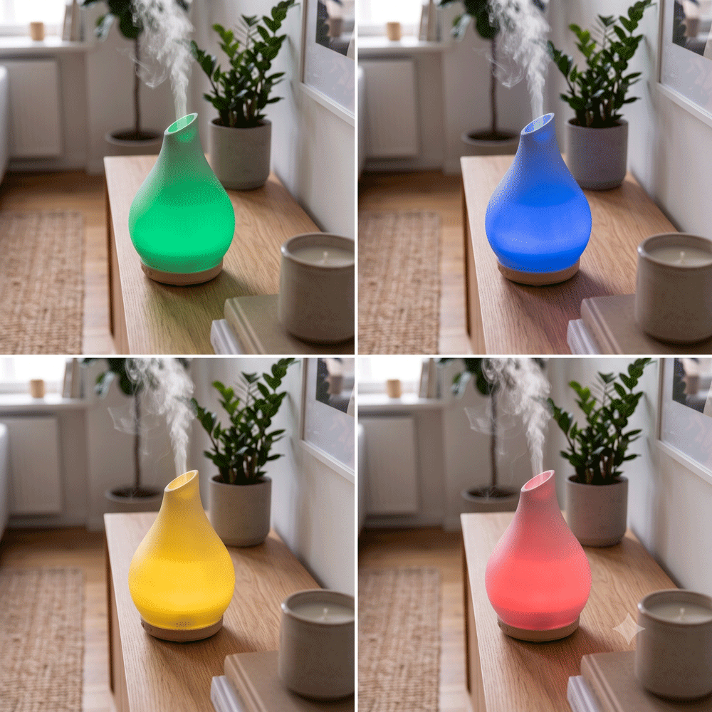 Diffuser Glas verschiedenen Farbvarianten grün rot blau gelb Farbwechsel Beispielfoto oelfaktorisch körperöle